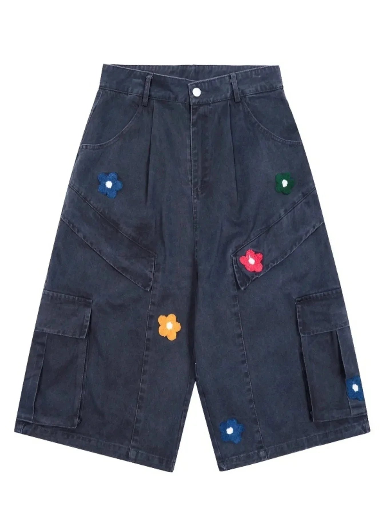 Men's Flower Embroidered Denim Cargo Shorts - VILLA FASHION